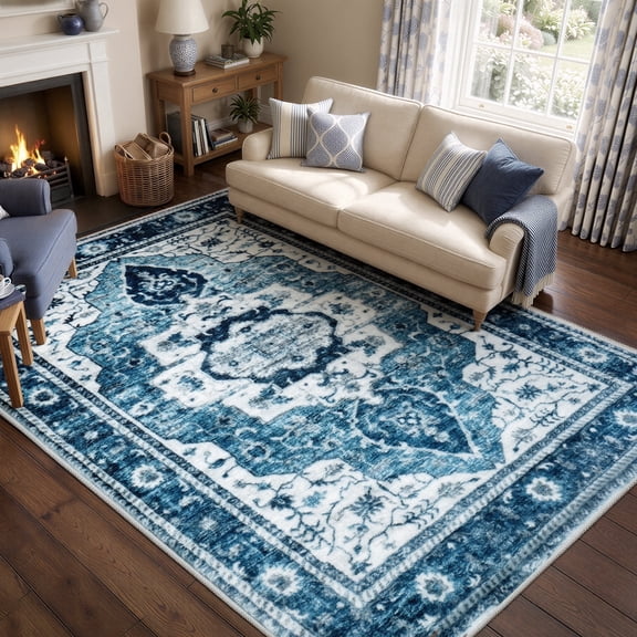 WANLISELL 6'x9' Washable Area Rugs, Vintage Non-Slip Distressed Rugs, Soft Non-Slip Carpet for Living Room, Office, Bedroom, Dinging Room, Home Decor, Blue