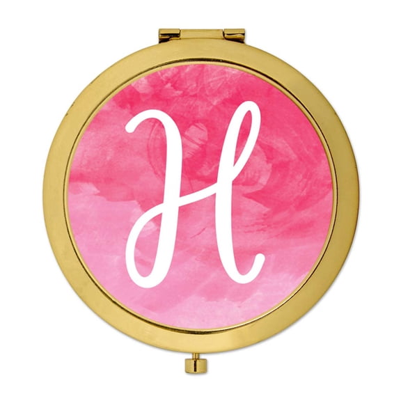 Koyal Wholesale Gold Compact Mirror Bridesmaid's Wedding Gift, Blush Pink Watercolor, Monogram Letter H, 1-Pack