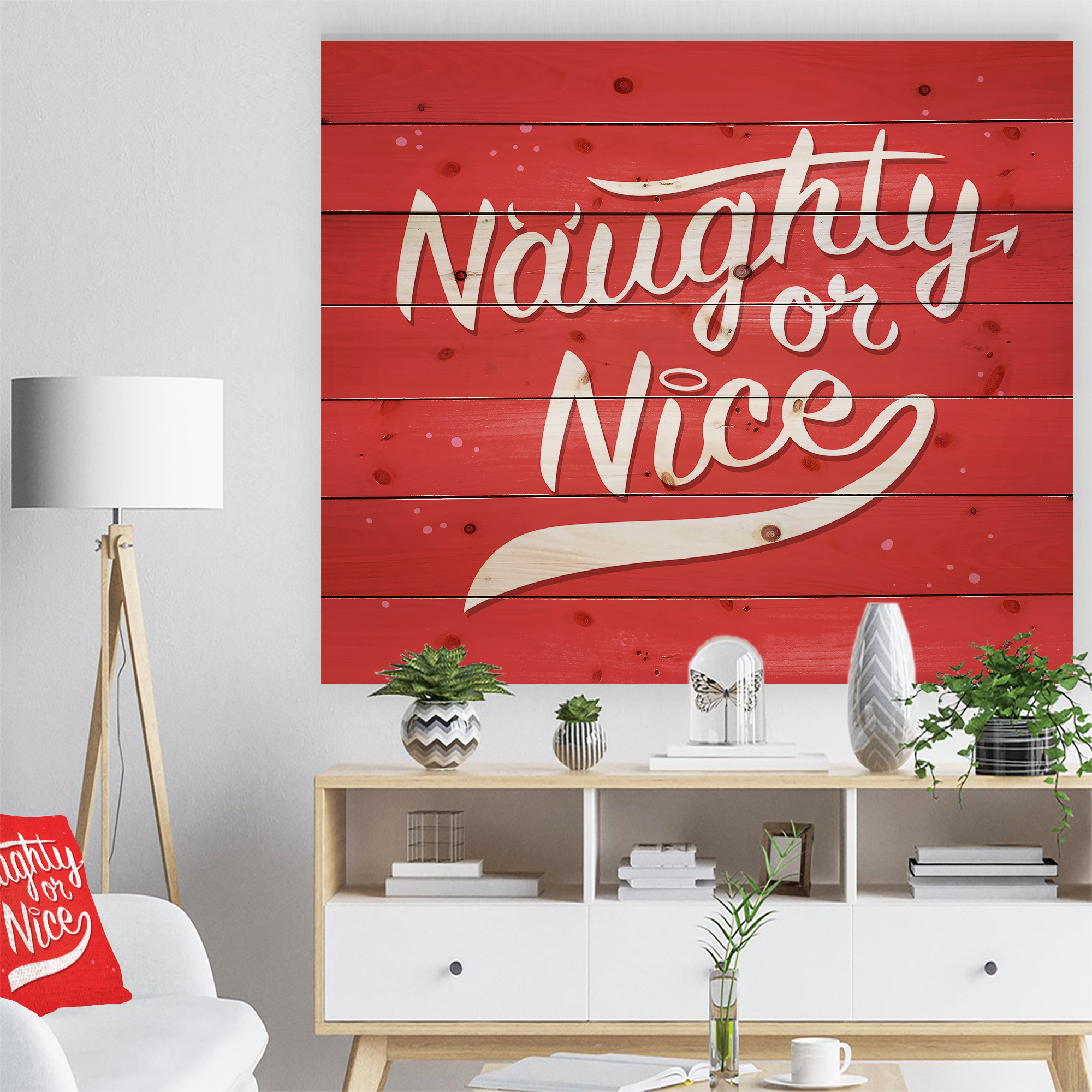 Designart 'Christmas Naughty or Nice' Print on Natural Pine Wood