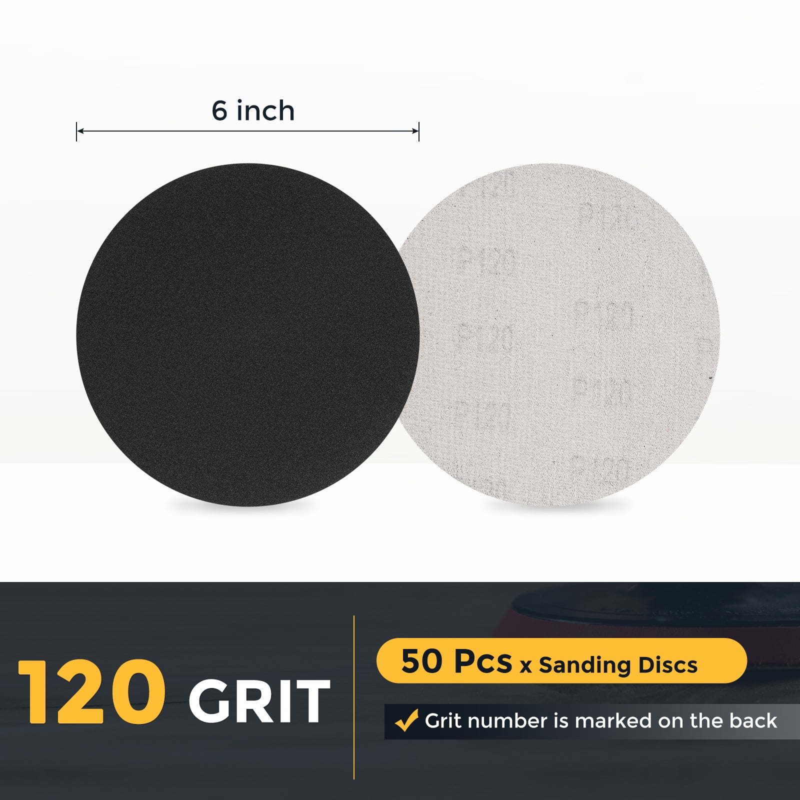 50 Pcs 6 Inch Sanding Disc 120 Grit Hook and Loop Sandpaper Random Orbital Sander Pads for Woodworking Automotive Metal Polishing, Black