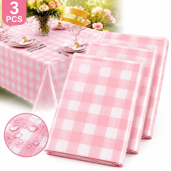 Deally 3 Packs Pink Gingham Tablecloth Pink and White Checkered Tablecloths 54 x 108 Inches Disposable Plastic Gingham Tablecovers Waterproof Rectangle Picnic Table Covers for Birthday Party Supplies