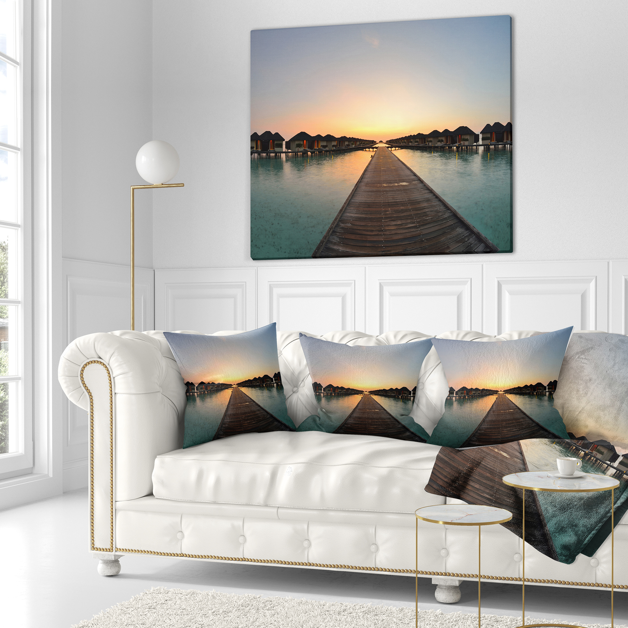 Designart Long Wooden Pier into the Ocean - Wooden Sea Bridge Throw Pillow - 16x16