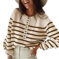 thumbnail image 1 of Ladies Casual Long Sleeve Striped Pullover Top, Round Neck Raglan Sleeve Sweater, Loose Fit Crew Neck Sweatshirt, Chunky Button Up Pullover Knit Top（L）, 1 of 5