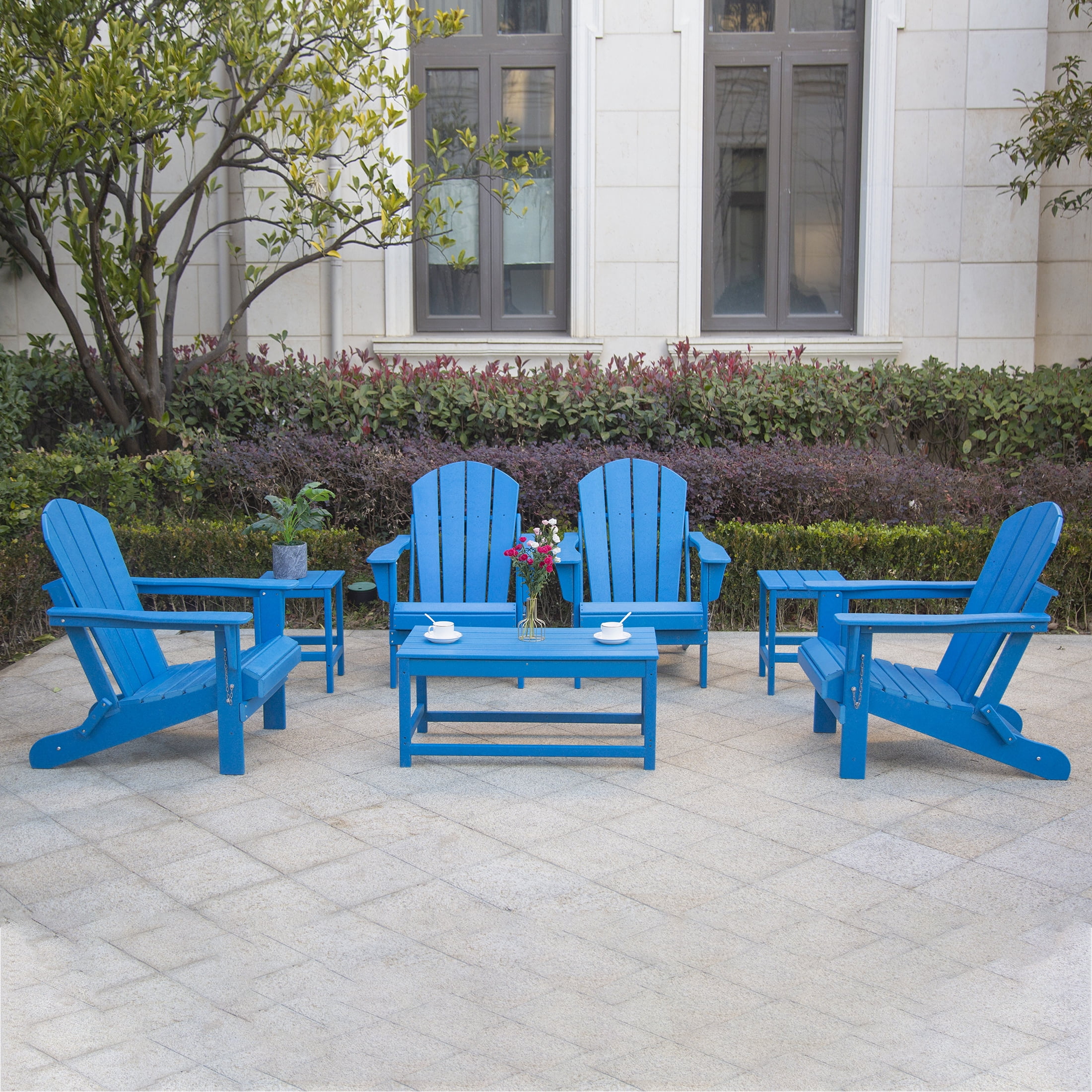 7-Piece Poly Adirondack Conversation Set Coffee Table, Side Table for Outdoor Patio Garden, Pacific Blue
