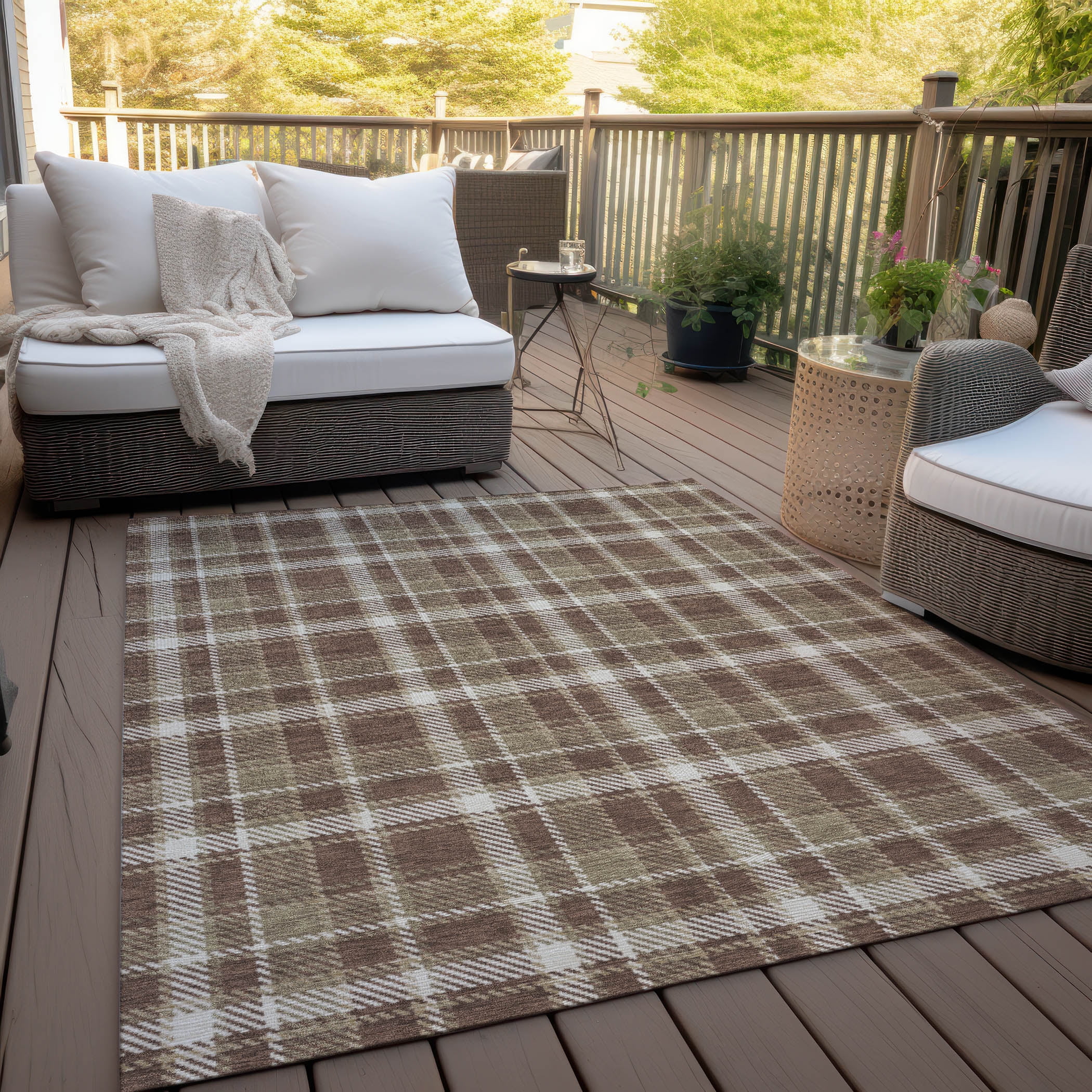 Addison Rugs Chantille Indoor/Outdoor Transitional Plaid Chocolate Washable Rectangle Rug, 5' x 7'6"