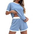 thumbnail image 2 of Women 2 Piece Shorts Set Casual Summer Outfits Ribbed Loose Short Sleeve Matching Lounge Sets Light Blue L, 2 of 8