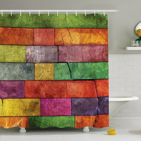 - Ambesonne Rustic Home Vivid Colored Several Equally Pieced Timber Construction Vertical Column Image Shower Curtain Set