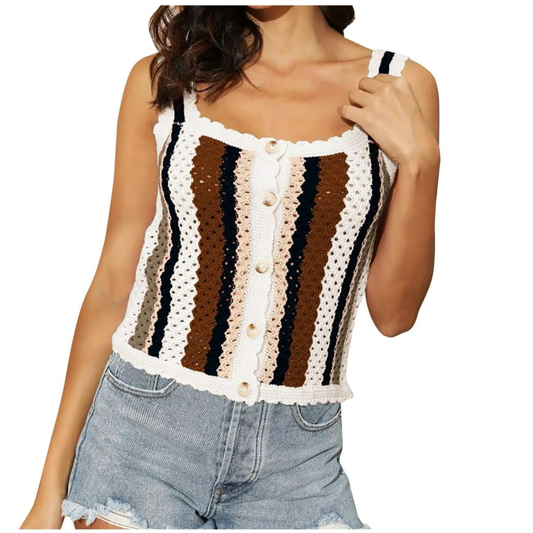 Olyvenn Women's Summer Knit Camisole Crop Tops Hollow Out Slim Fit Flowy Blouse Strap Body Suits Women Seamless Sleeveless Tops Buttons Contrast
