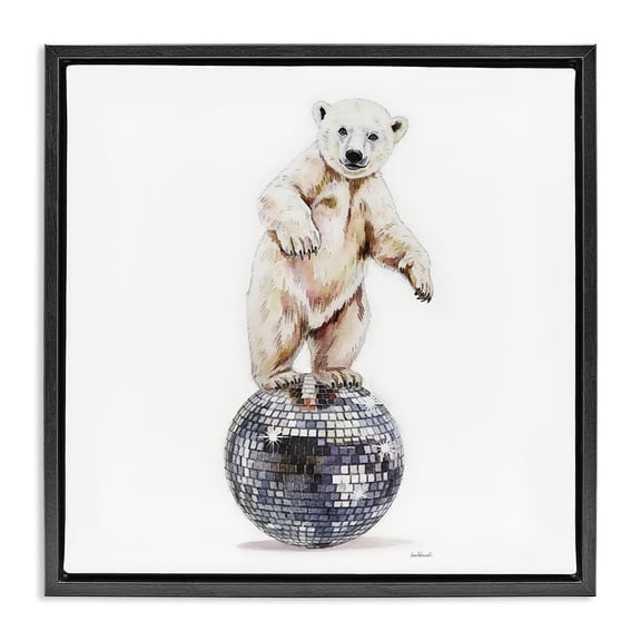 Stupell Industries Polar Bear on Disco Ball Animals Painting Black Floater Framed Canvas Art Print Wall Art, 18 x 18