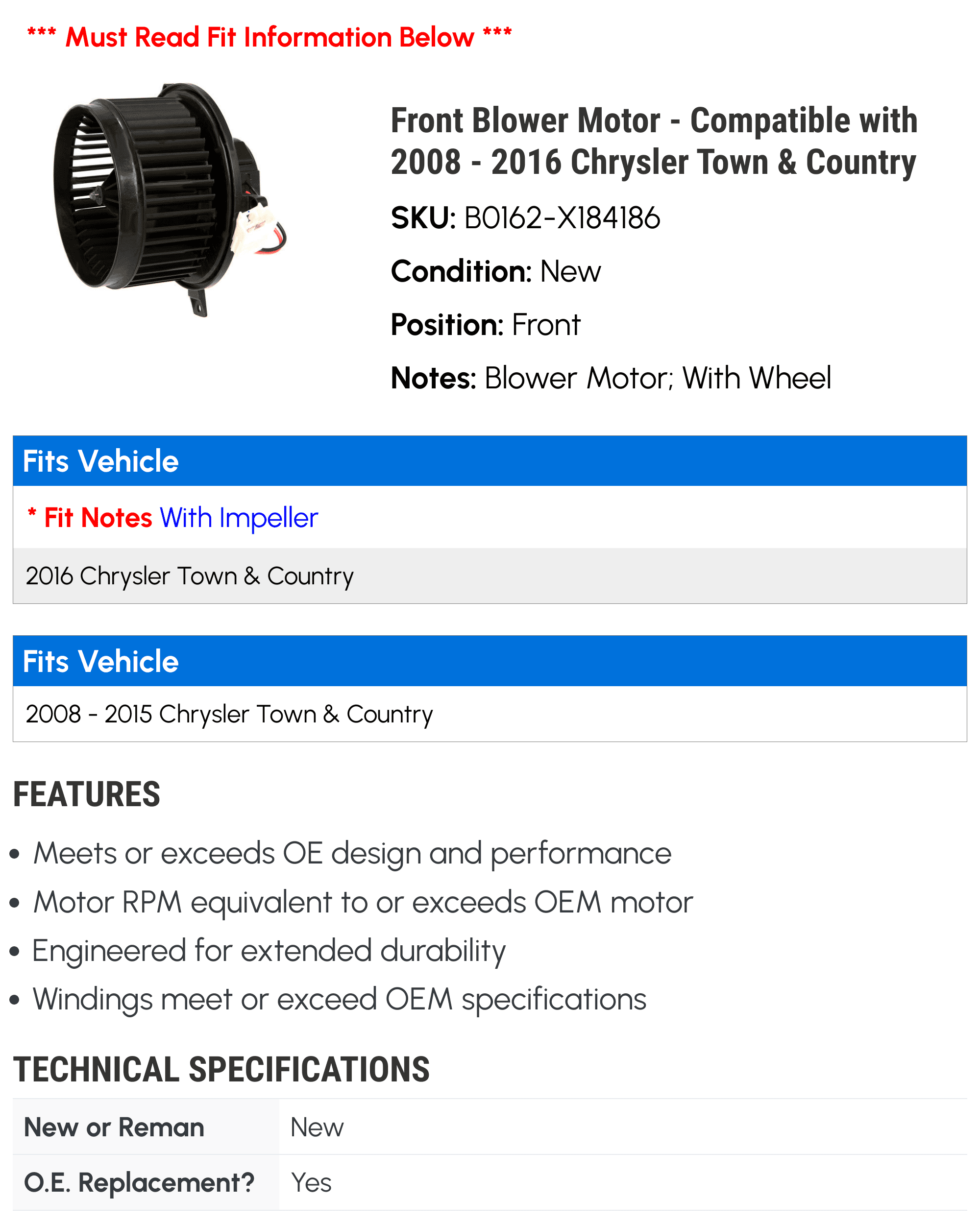 Front Blower Motor - Compatible with 2008 - 2016 Chrysler Town & Country 2009 2010 2011 2012 2013 2014 2015