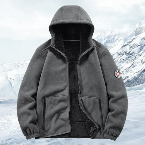 Fleece Jacket Men Hooded Long Sleeved Thermal Warm Coats Casual Loose Fit Streetwear Outdoor Outwear With Pockets Grey M