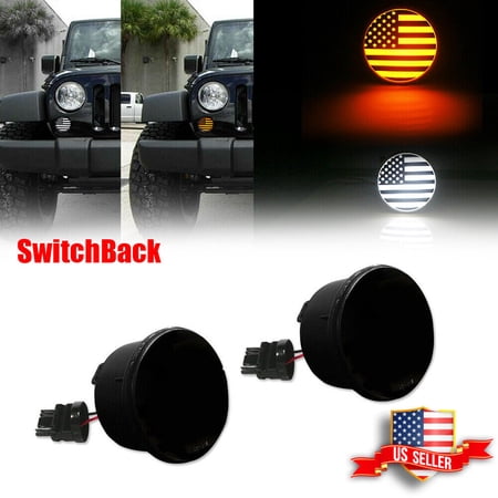 GTINTHEBOX US Flag LED White DRL Amber Signal Smoked Lights for 2007-2018 Jeep Wrangler JK
