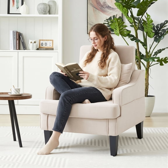 GAOHAPY Mid Century Modern Accent Chair, Upholstered Single Sofa with Wood Legs, Cozy Reading Armchair with Side Pockets, Comfy Side Chair for Living Room, Bedroom, Study, Apartment(Beige)