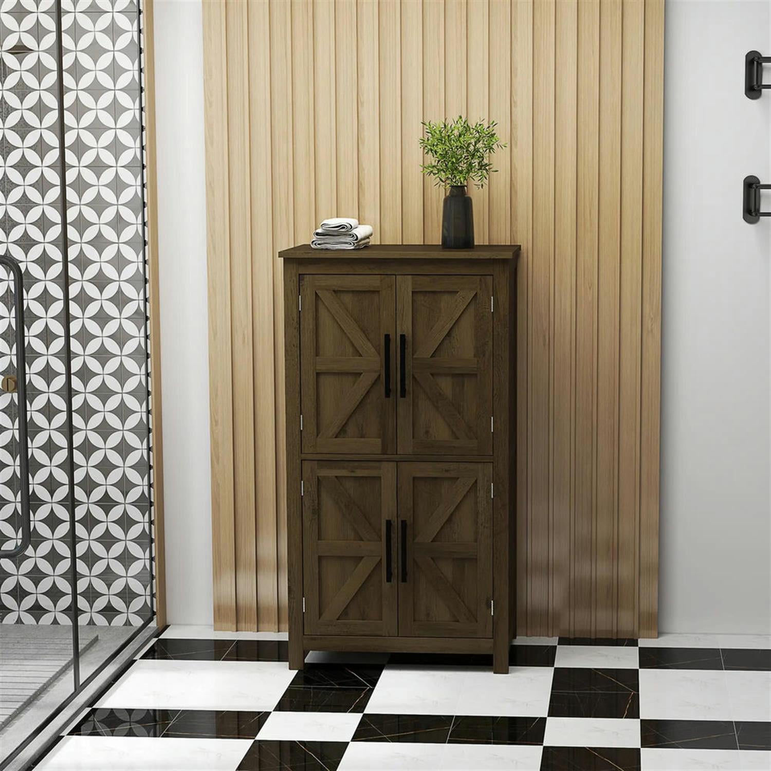 Demi Bonn 43" Farmhouse Bathroom Floor Cabinet, Freestanding Storage Cabinet with Adjustable Shelf and 4 Doors, for Living room, Entryway, Kitchen, Brown