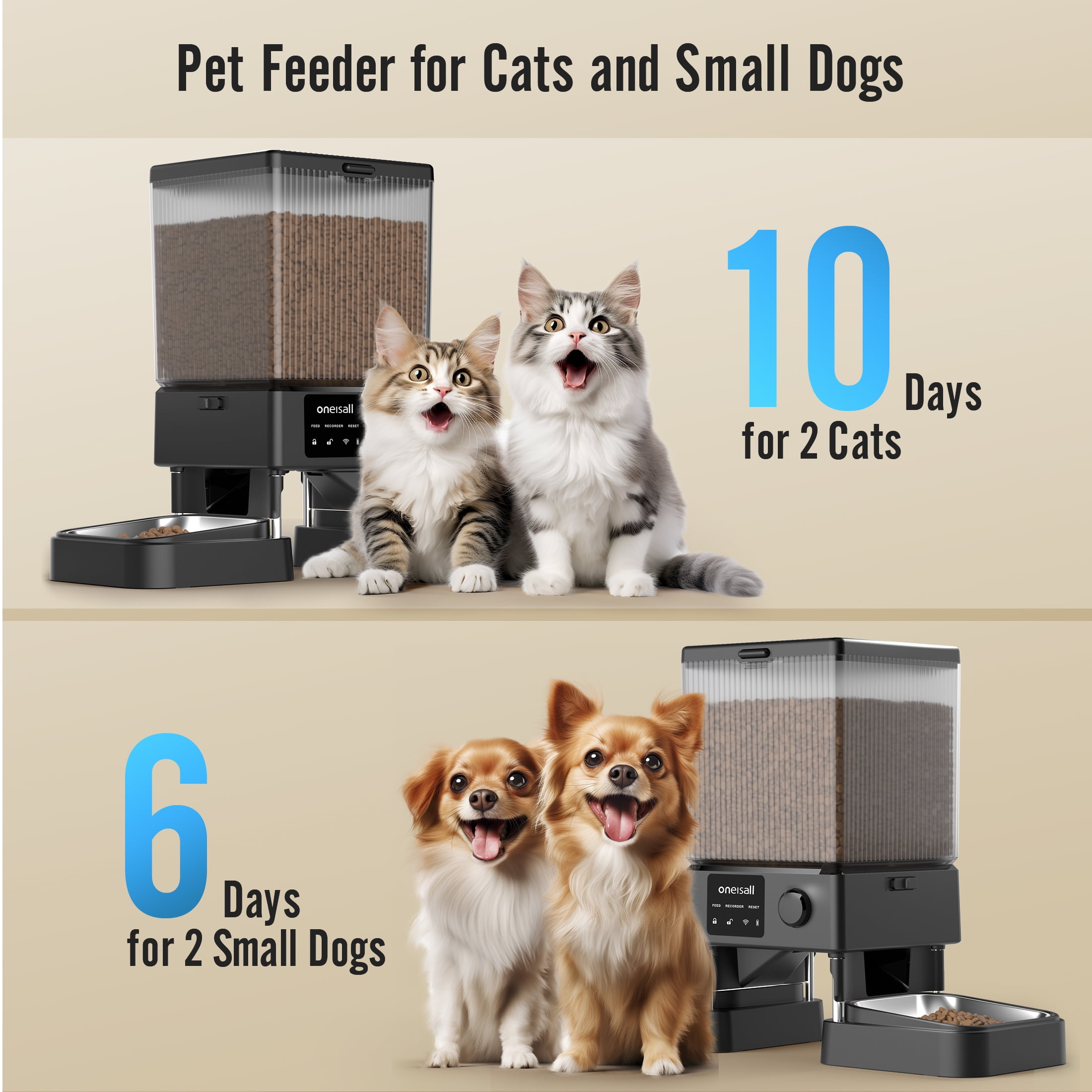 Oneisall 5L/20 Cups Automatic Cat Feeder with 5G WiFi & APP Control, PFD-002 PRO Double Bowl Cat Food Dispenser with 1 Desiccant Bag, Timed Automatic Pet Feeder for 2 Cats/2 Small Dogs - Black