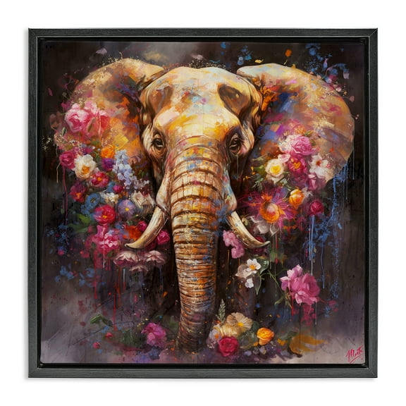 Stupell Industries Flower Swathed Elephant Animals Painting Black Floater Framed Canvas Art Print Wall Art, 18 x 18