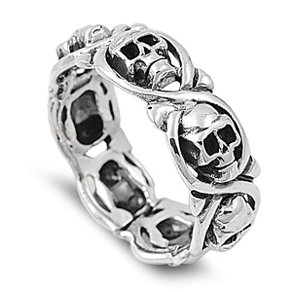 Sterling Silver Womans Mens Biker Ring Skull Skeleton Ring Band 13mm Sizes 4-12