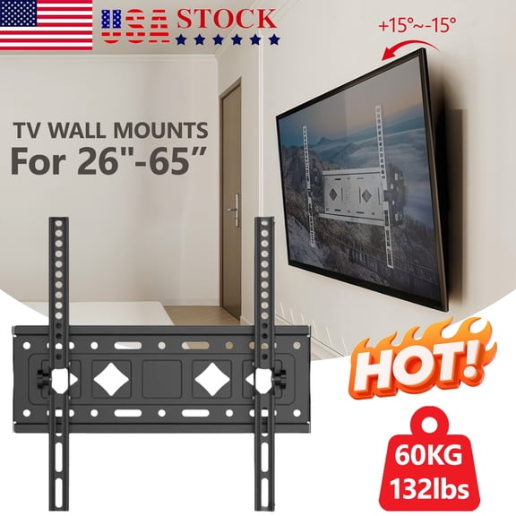 Extra Wide TV Wall Mount Bracket for 26-65 Inch TVs, 110 lbs Capacity, 15° Downward Tilt