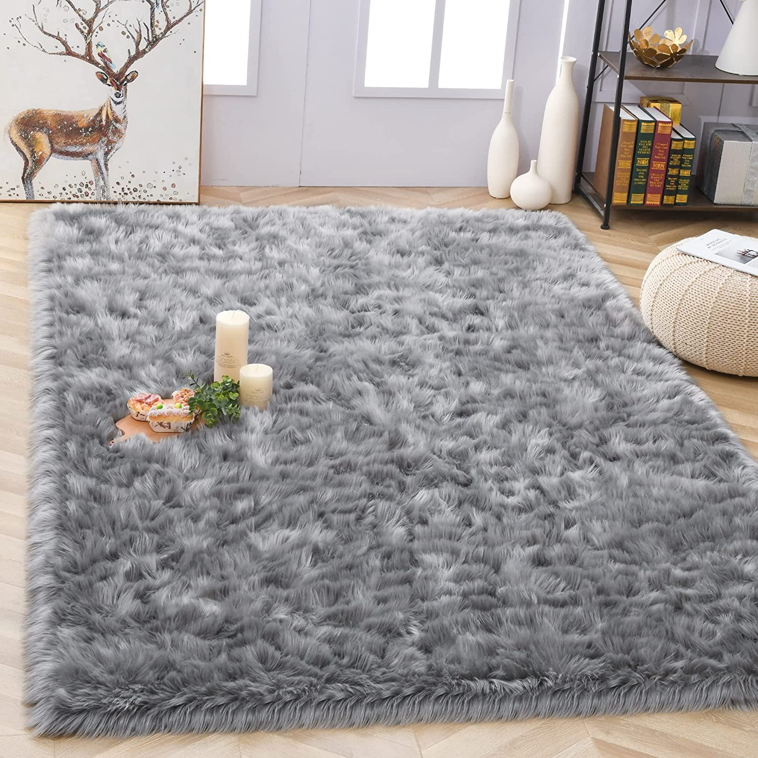 Lochas Soft Fluffy Rugs Faux Sheepskin Area Rug for Bedroom Living Room Bedside Carpet Nursery Washable Floor Mat,4'x6',Gray