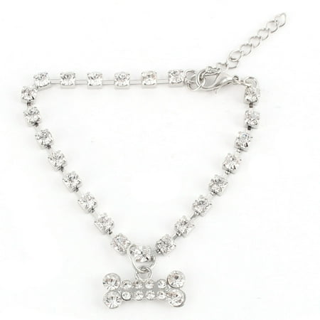 - Pet Puppy Dog Bone Pattern Pendant Rhinestone Inlaid Necklace Neck Chain White