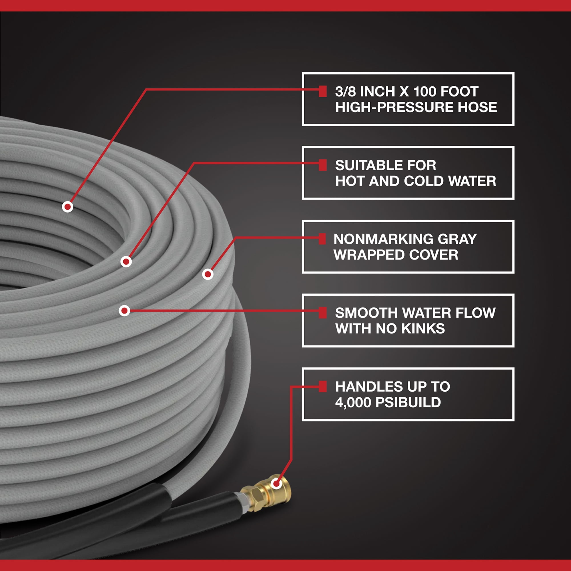 NorthStar Nonmarking Pressure Washer Hose, 4000 PSI, 100ft. x 3/8in.