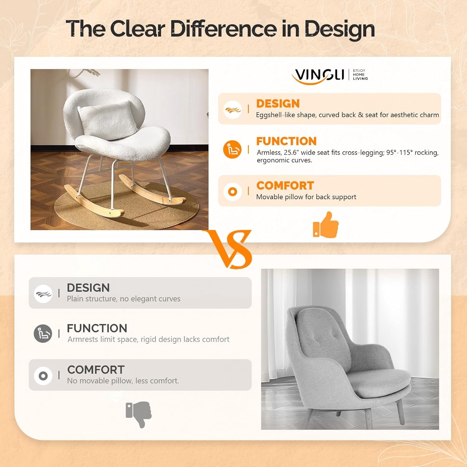 WLTER 25.6" Extra Wide Criss Cross Nursery Rocking Chair,Cute Curved 115° Reclining Armless Glider,Teddy Small Rocker w/Pillow & Solid Wood for Indoor,Bedroom, Living Room,Teddy Fleece,White