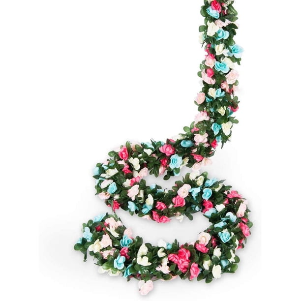 Nvzi Paquete de 8 guirnaldas de flores de 65 pies, decoraciones de flores artificiales de plástico para decoración de bodas, rosa y azul