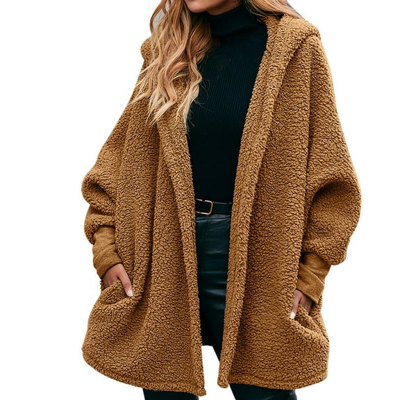WNEGSTG Women Winter Coats Fleece Hooded Sweater Overcoat Warm Wool Cardigan Overcoat