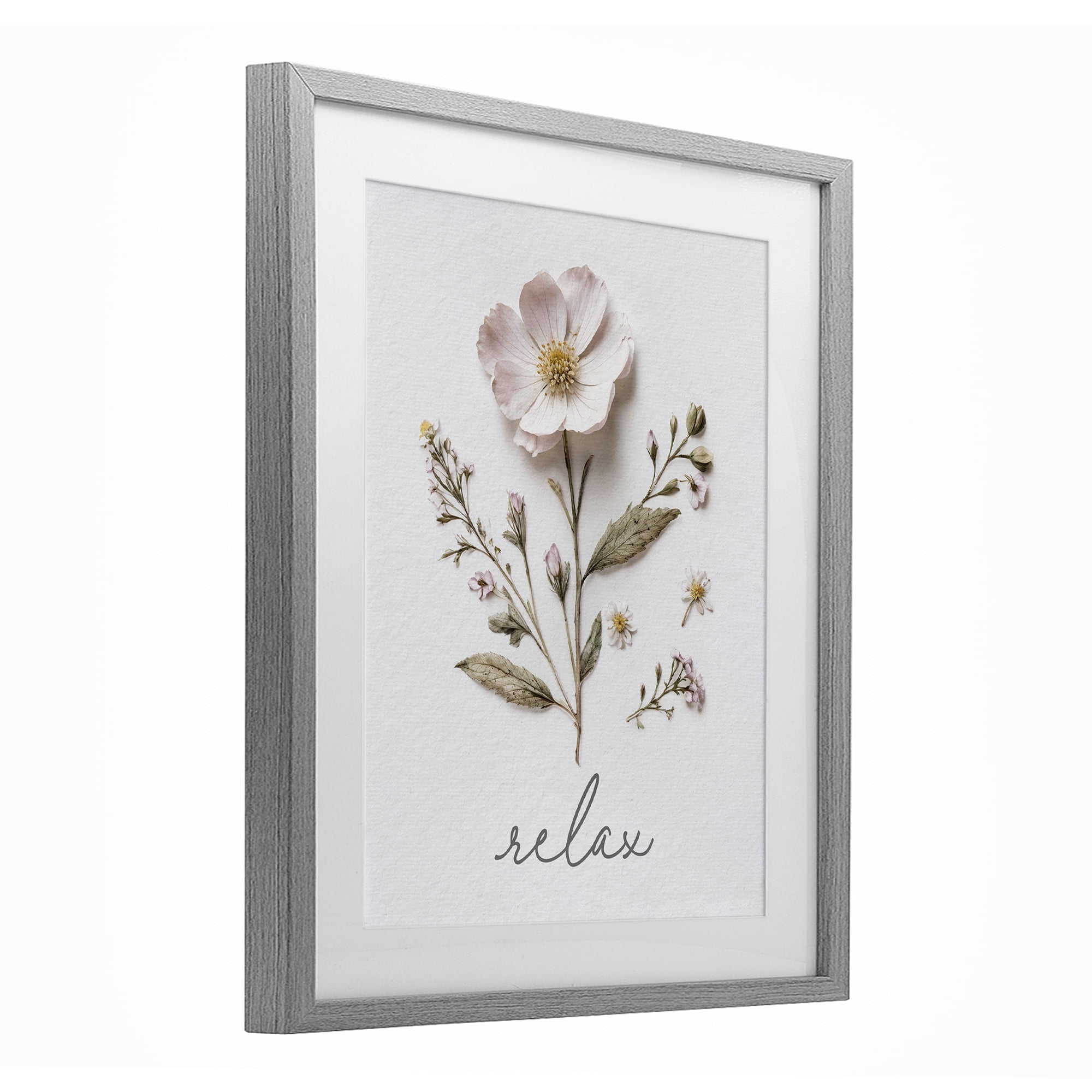 Pressed Flowers Relax Gray Framed Print Under Glass, design by Lettered and Lined