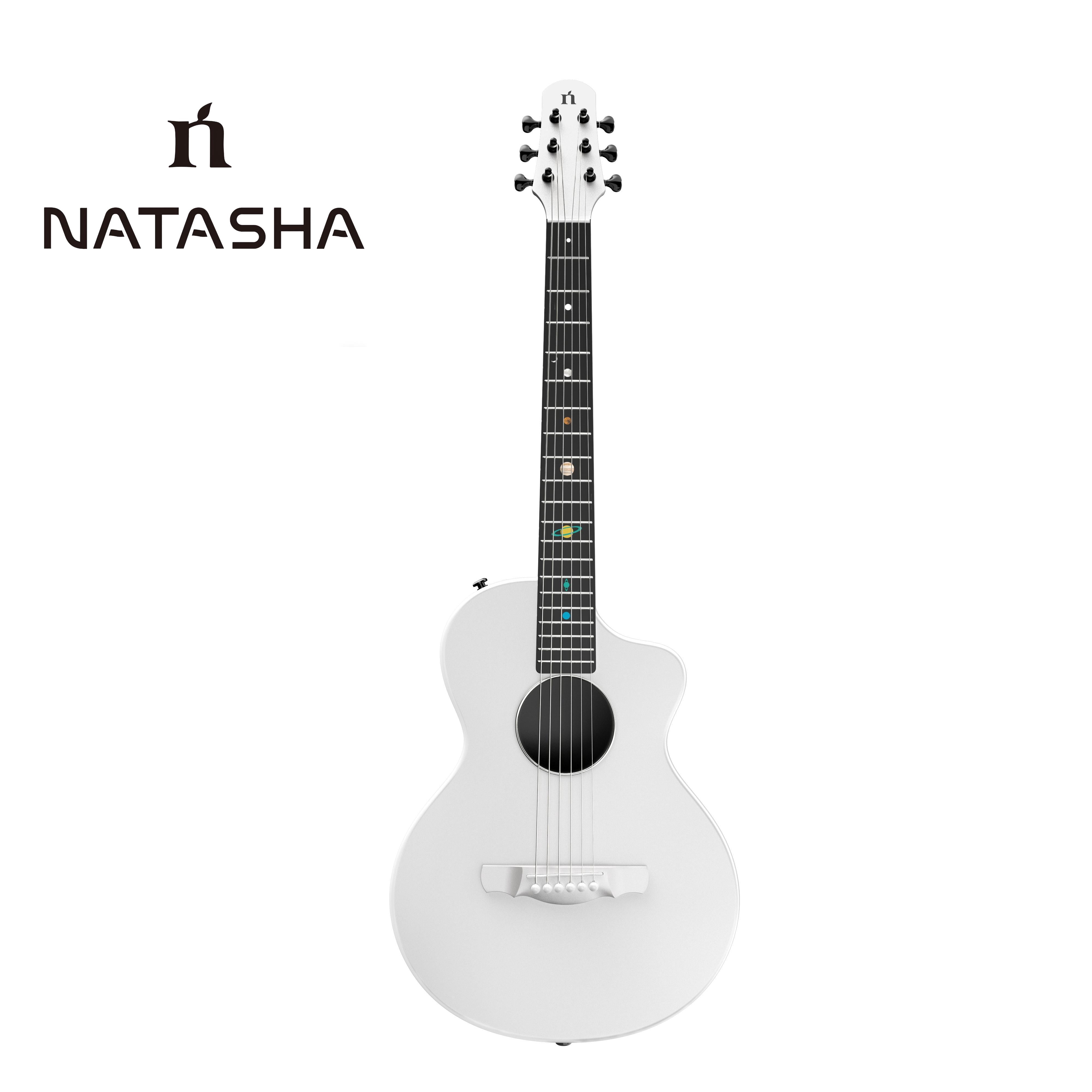 Natasha Solar System Asteroid Carbon Fiber White 38-inch Folk Guitar. Premium guitar case and fretboard cleaning cloth.
