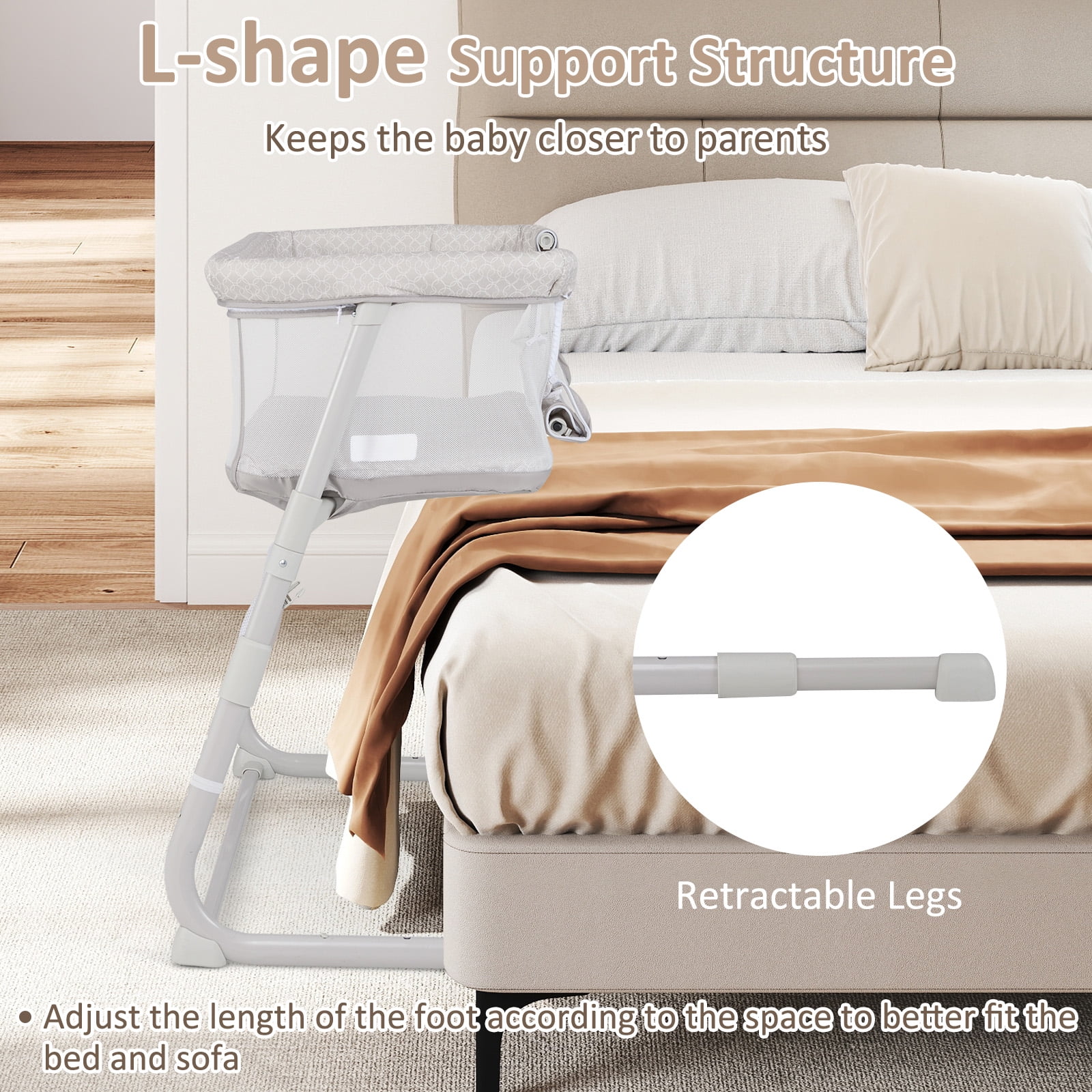 INFANS Baby Bedside Bassinet, Over-Bed Baby Bassinet with Adjustable Height, Safe Close Sleeping, Storage, Lowering Wall for Easy Access, Newborn Girls Boys Aged 6-18 Months