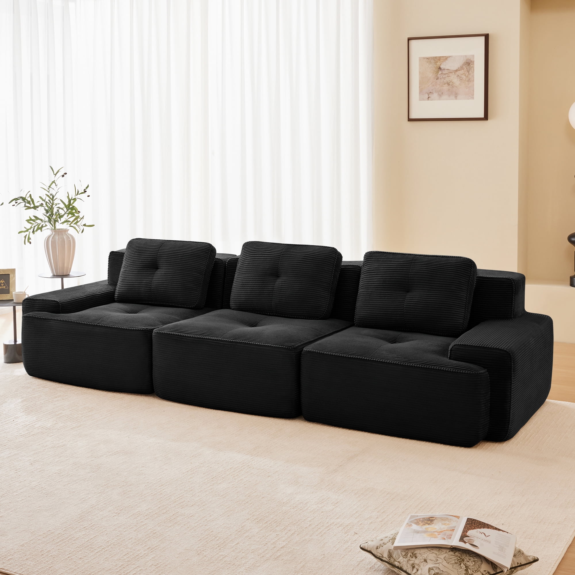 Yoneston 117" Modular Sectional Sofa 3 Seater Couch with Cushions, No Assembly Corduroy Sofa with Deep Seating for Living Room Bedroom Apartment, Black