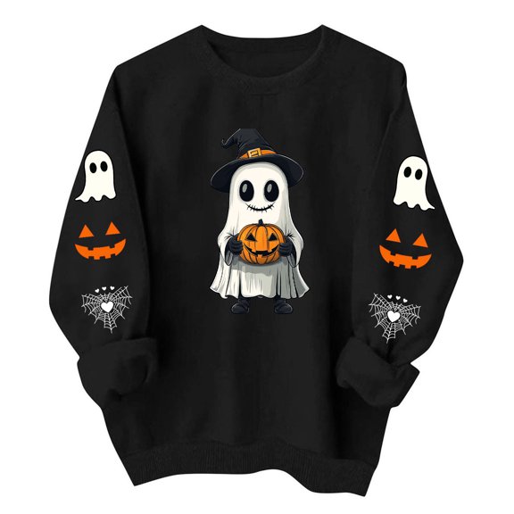 Women's Halloween Ghost Pumpkin Sweatshirts Long Sleeve Graphic Pullover Sweaters Crewneck Casual Fall Shirts Holiday Tops