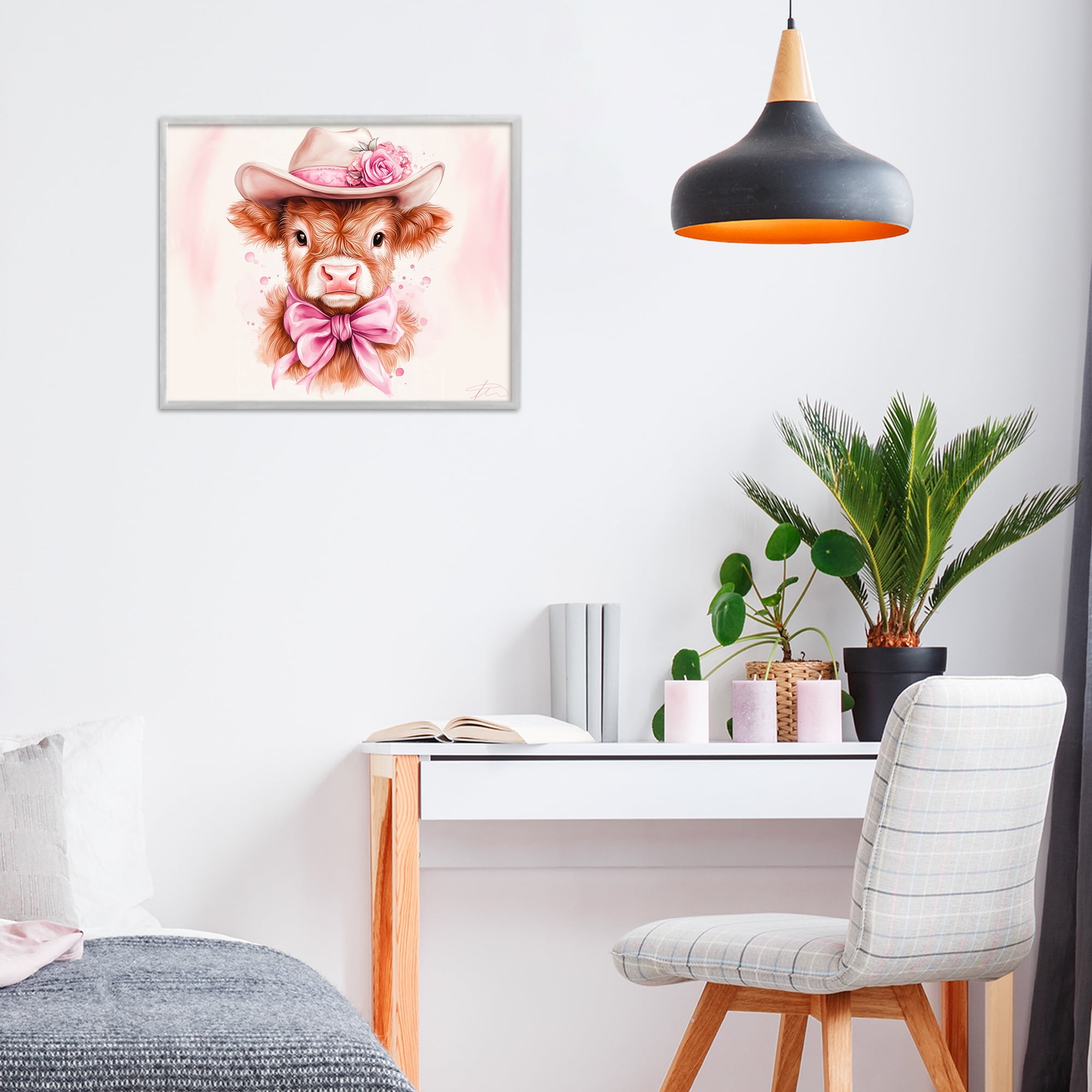 Pretty In Pink Cow Gray Framed Giclee Art, design by Shawna Stewart