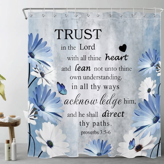 HVEST Blue Floral Shower Curtain, Blue Flower and Bible Verse Shower Curtain - Rustic Farmhouse Bathroom Decor, Waterproof Polyester Fabric, Includes 12 Hooks, 72x72 Inches