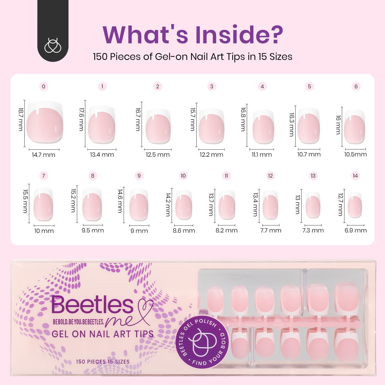 Beetles Press On Nails: 150 Pcs Pink Short Square French Tips, 4 in 1 Nail Tips Gel Nail, Pre-Applied Primer & Base Coat, No File Need DIY Manicure for Nail Extension.