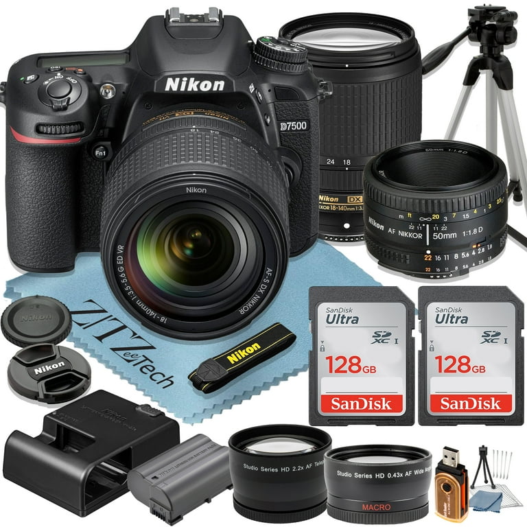 Nikon D7500 DSLR Camera with 18-140mm Lens + 2pcs SanDisk 32GB Memory Card  + Case + Tripod + UV Filter + A-Cell Accessory Bundle