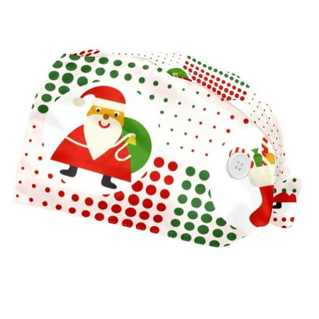 

2PCS Working Cap with Buttons and Sweatband Adjustable Tie Back Hats Bouffant Caps Christmas Scrub Turban Hat