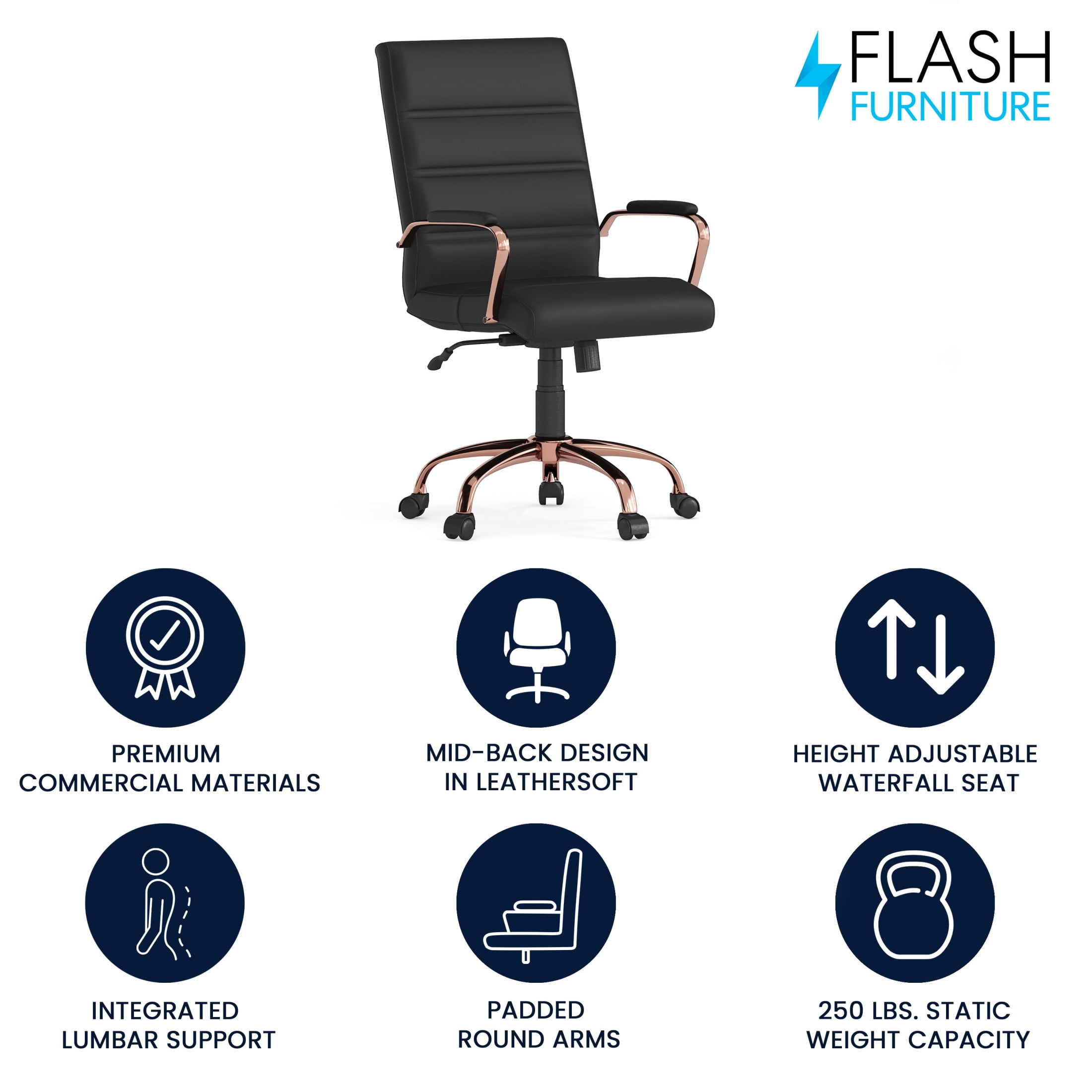 Flash Furniture Whitney Mid-Back Swivel LeatherSoft Desk Chair with Armrests, Black/Rose Gold