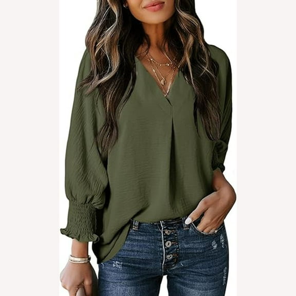 Xqxayjr Women's Long Sleeve Comfy Fall Tops Casual Holiday V-Neck Solid Color Shirts Sweatshirts Lightweight Sweatshirt Clothes