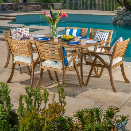 Harvey 7 Piece Outdoor Acacia Dining Set with Cushions, Teak Finish, White