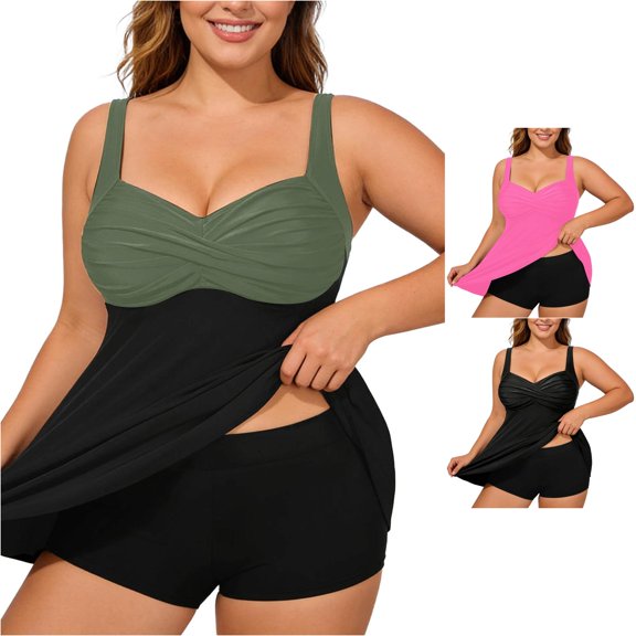 WAYUTE Tankini Swimsuits for Women Plus Size Wide Strap Sweetheart Neck Flowy Tank Top and Shorts Solid Color Two Piece Bathing Suit Casual Summer Beach,Army Green,XL