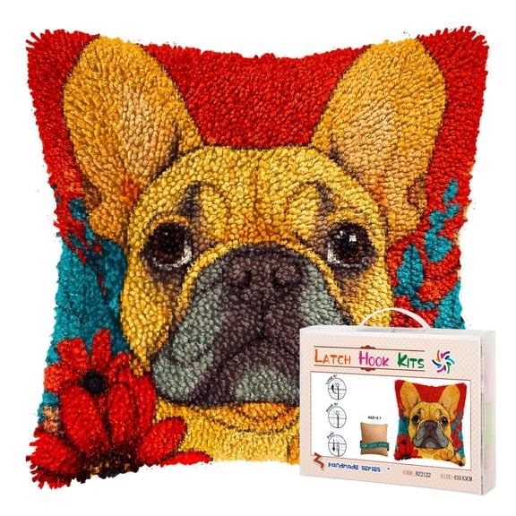 DIY Latch Hook Pillow Kits for Adults Cartoon French Bulldog in Flowers Printed Pillowcase Crochet Yarns Hooking Handmade Pillow Cover Cushion for Home Sofa Decoration 17x17inch-2