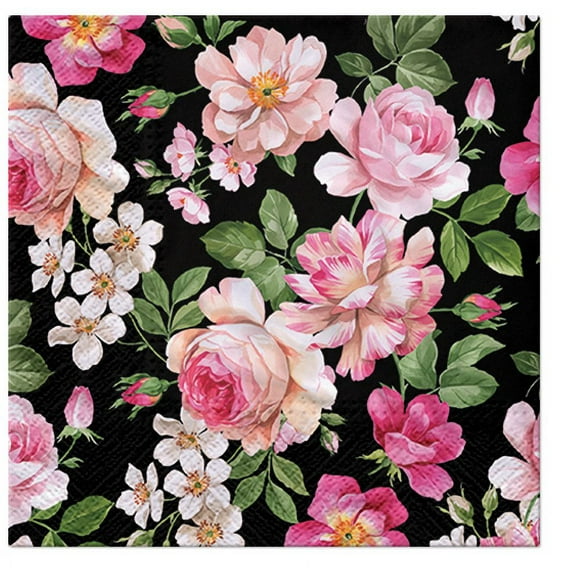 Floral Napkins ROSES GLORY ON BLACK 40pcs Lunch Paper Napkins, Decorative Napkins, Decoupage Paper Napkins, Rose Napkins for Decoupage