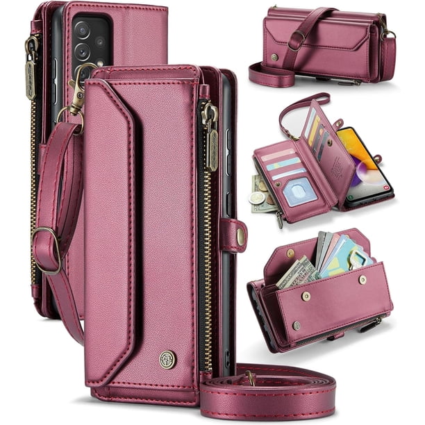 funda billetera para Samsung Galaxy A72 con Protección RFID, Ranuras para Tarjetas, Pata de Cabra, Correa Desmontable-Funda para teléfono tipo Bandolera con Tapa de Cuero PU a prueba