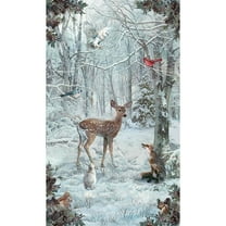 26" X 44" Panel Winter Tales Deer Wildlife Animals Snow Woods Scenic Cotton Fabric Panel (W5388-307-SNOW)