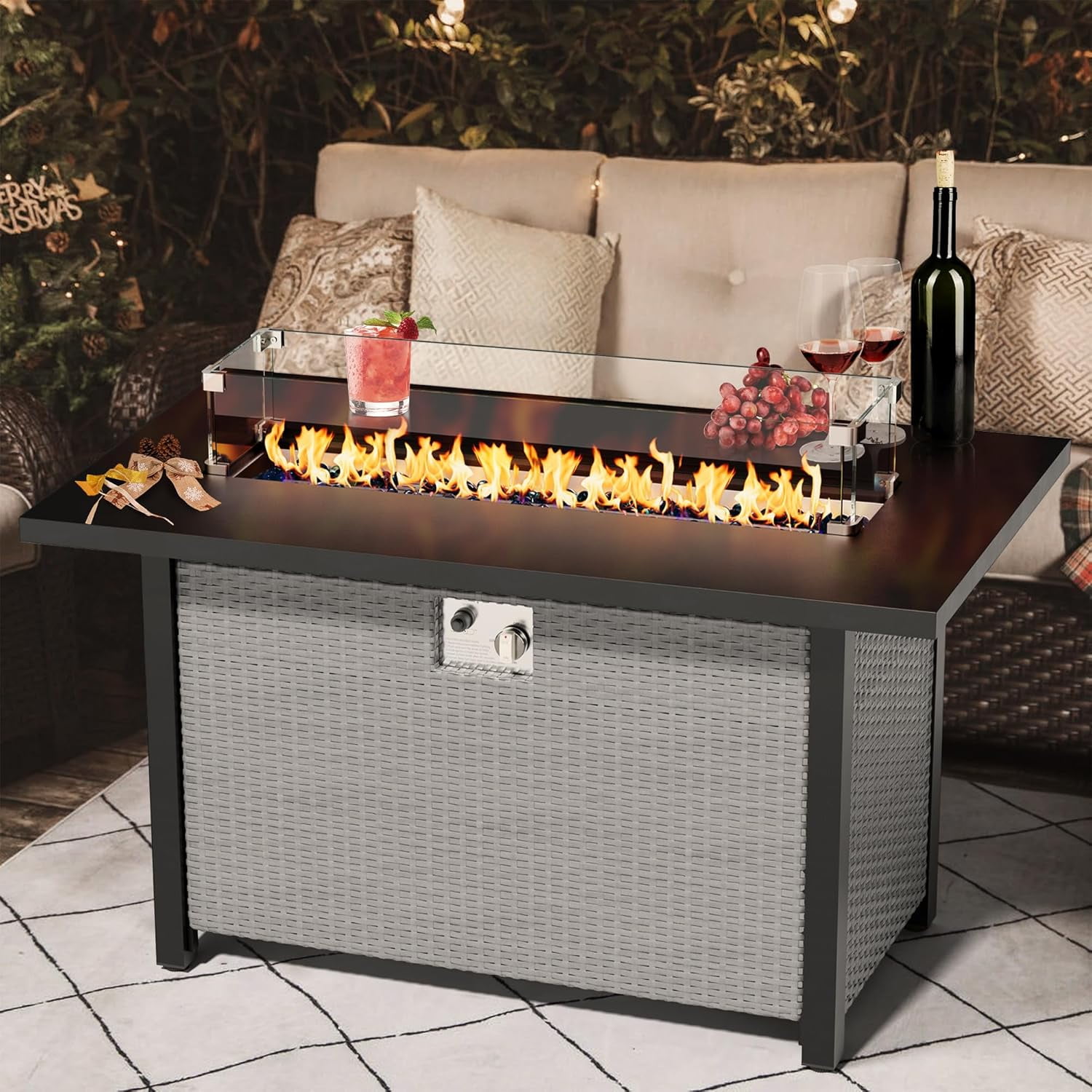 SUNCROWN Outdoor Fire Pit Table, 45in 50,000 BTU Wicker Patio Propane Gas Fire Pit with Glass Wind Guard, Aluminum Tabletop, Firepit Lid, Blue Clear Glass Rocks and Waterproof Cover, Grey