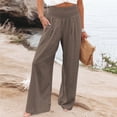 thumbnail image 2 of CAIVO Women Linen Pants Summer Solid Color Stretch Smocked High Waist Wide Leg Casual with Elastic Cuffs and Pockets Long Trousers, 2 of 4