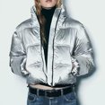 thumbnail image 4 of Shiny Puffer Jacket Women Cropped Zip Up Stand Collar Drawstring Long Sleeve Hooded Down Coat Zipper Pockets Solid Casual Fashion Outerwear Warm Winter Quilted Jackets 2025, 4 of 4