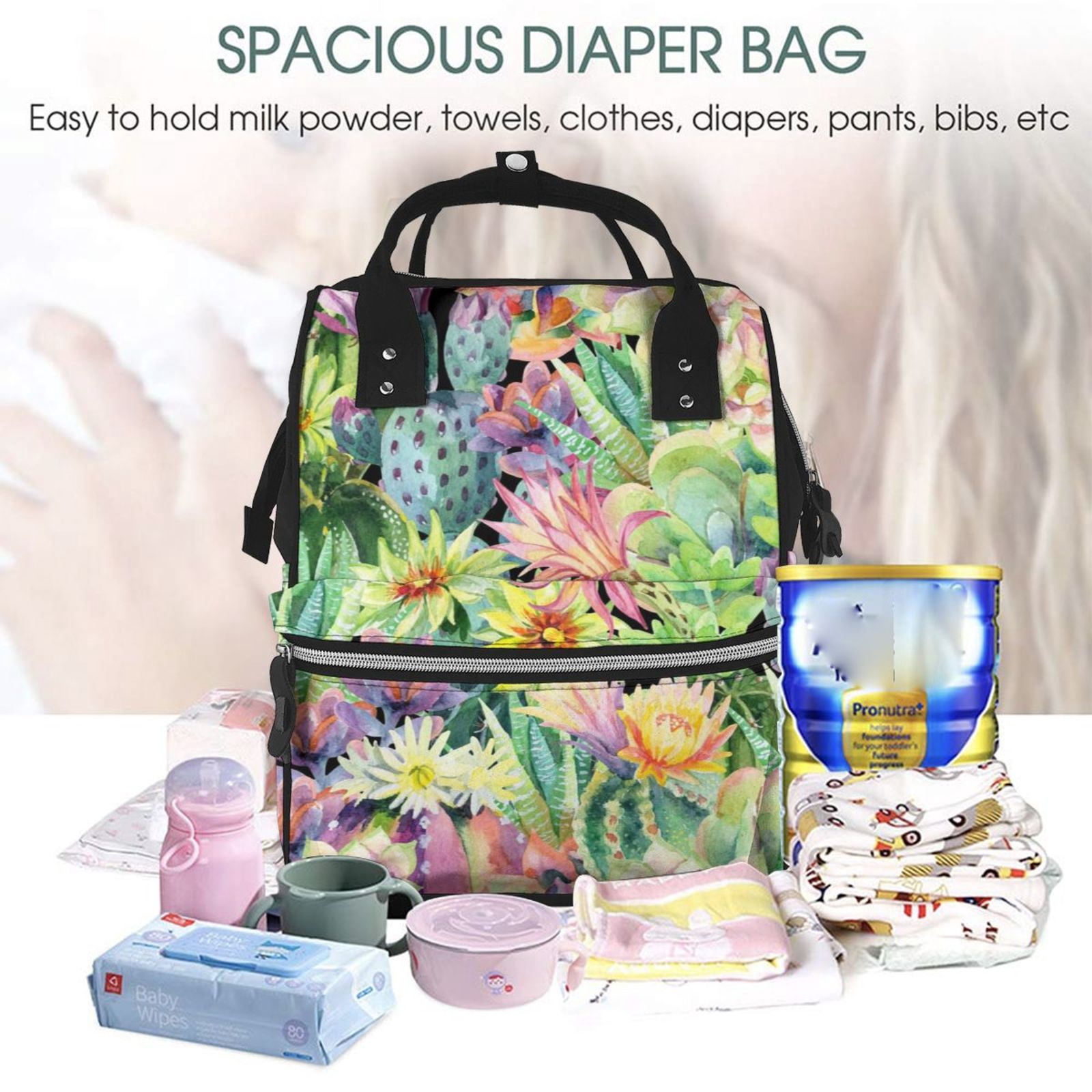 Fuzoiu Watercolor Blooming Cactus Print Diaper Bag Backpack,Baby Essentials Travel Tote,Multi function Waterproof Diaper Bag, Travel Essentials Baby Bag - Unisex